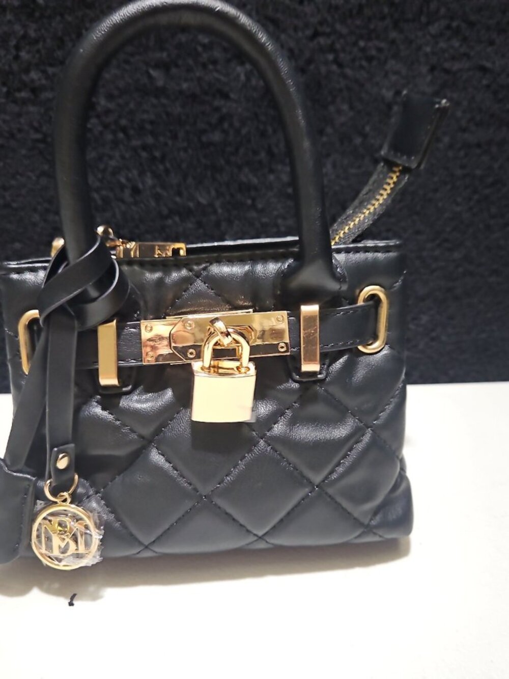 Badgley Mischka Black Quilted Mini Top-Handle Tote Gold Padlock